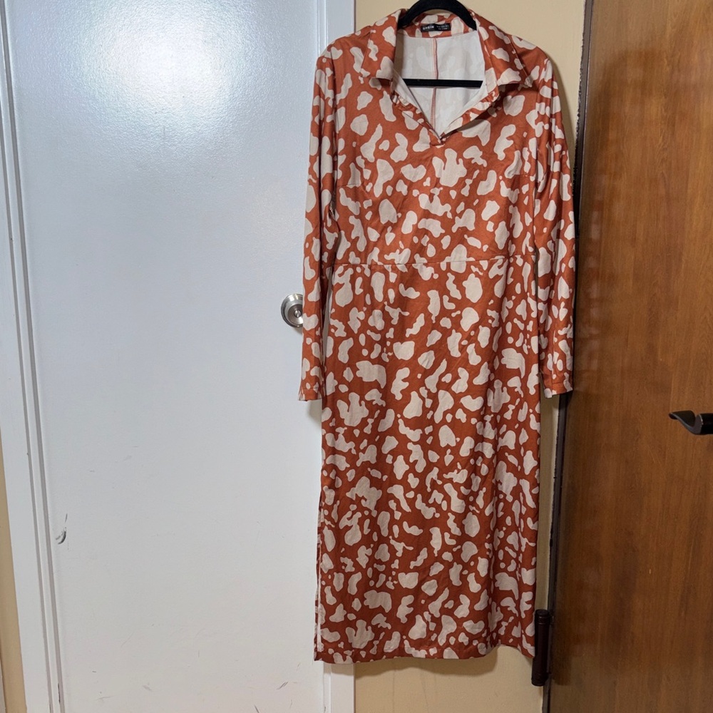 SHEIN Rust and Cream Printed Long Sleeve Midi Dress